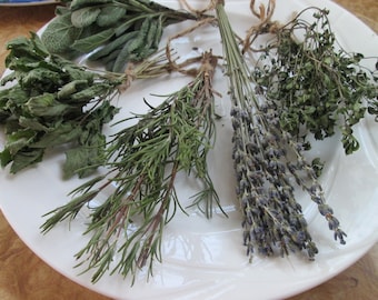 Dried Homegrown Herbs Culinary Herbs, Herb Bundles, Dried Lavender, Rosemary, Sage, Thyme, Mint, Oregano, and Eucalyptus in bunches