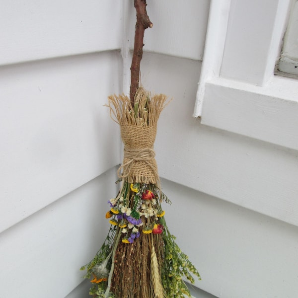 Rustic Hanging Broom with Dried Flowers Natural Primitive Decor