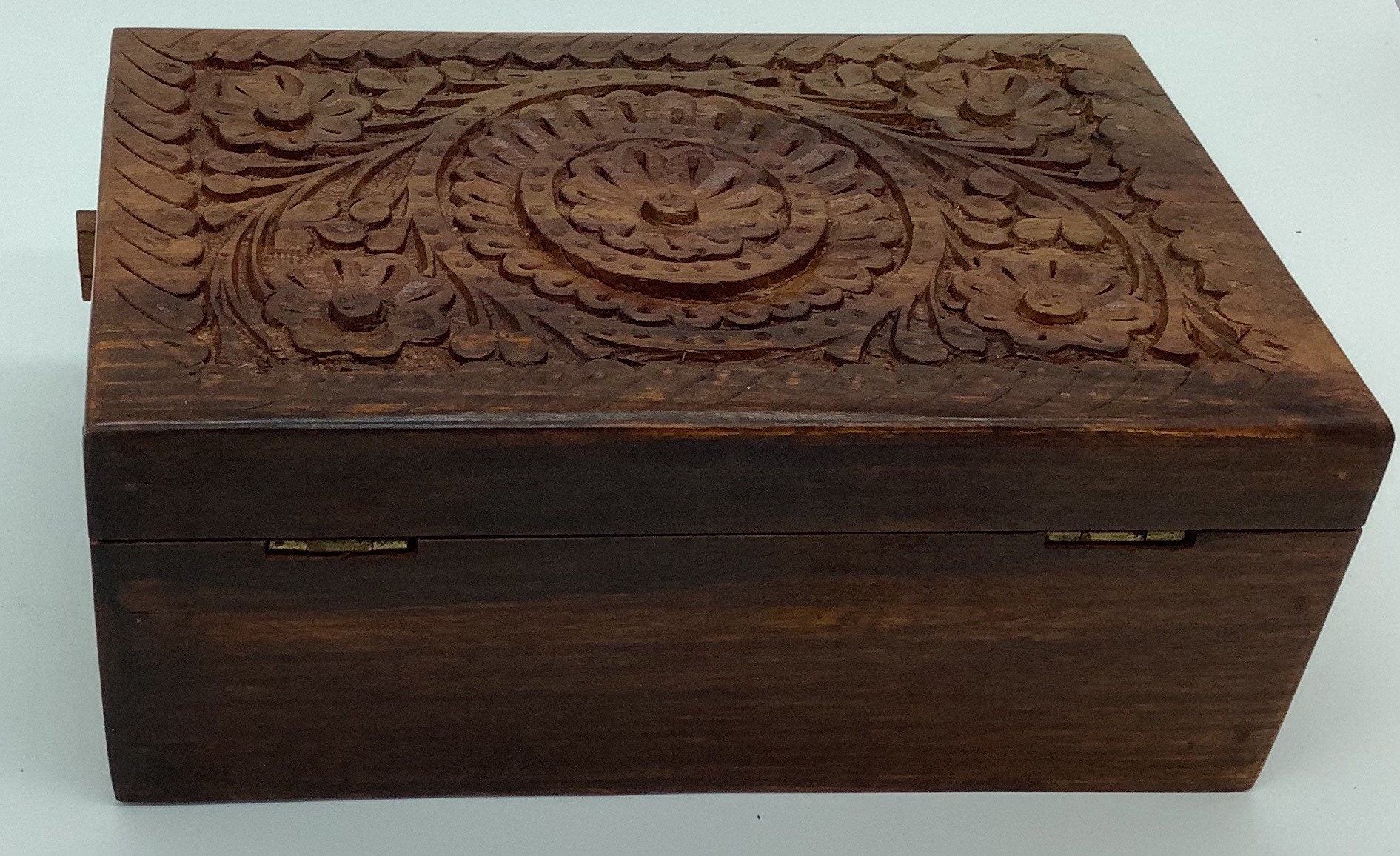 Wooden Puzzle Jewelry Box Hand Carved Flower Secret Lock Box Etsy