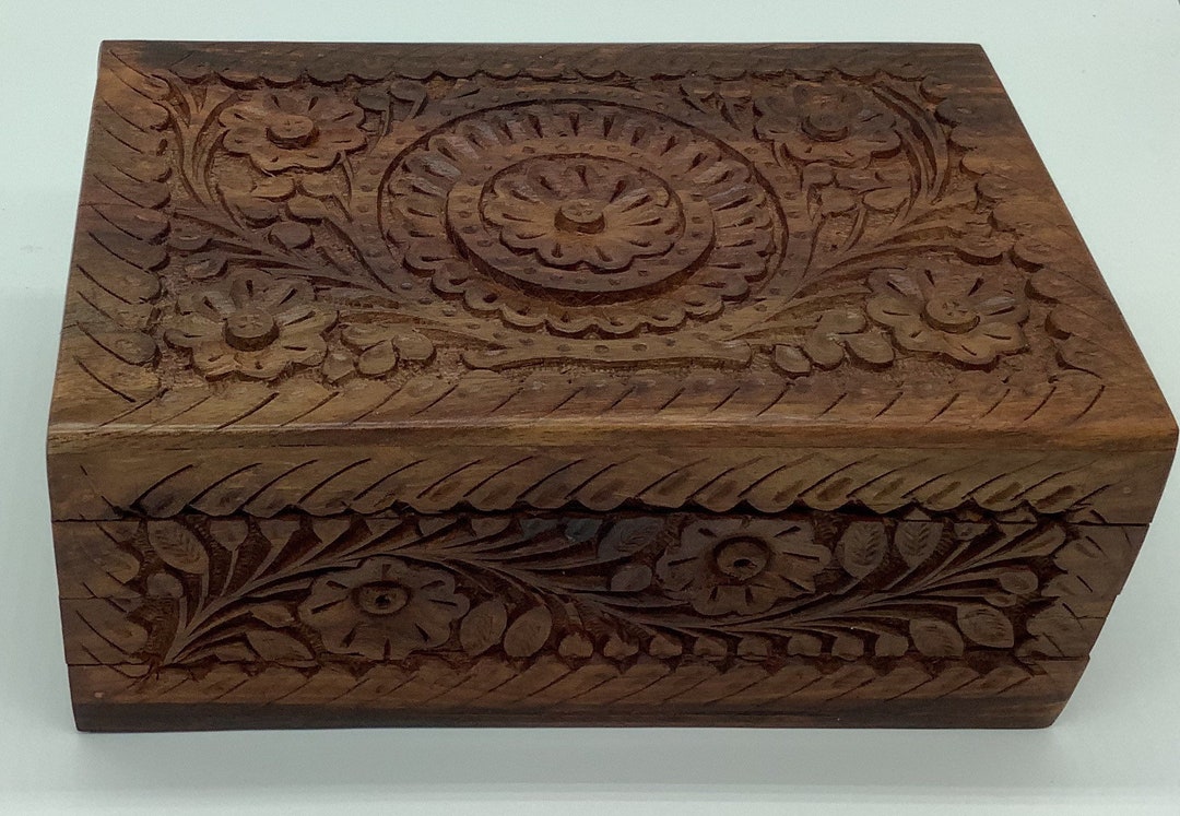Wooden Puzzle Jewelry Box Hand Carved Flower Secret Lock Box Gift for Her Birthday Gift Keepsake