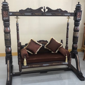 indoor wooden swing / wooden jhula / hand carved wooden seating / Pakistani - Indian swing with cushion and pillows