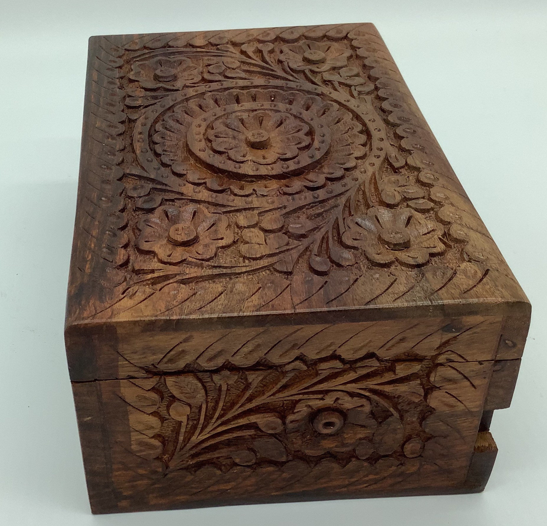 Wooden Puzzle Jewelry Box Hand Carved Flower Secret Lock Box Etsy