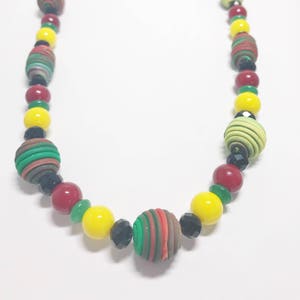 Handmade Beaded Necklace - Handmade Beads - Yellow Green Red Black - Gift - Birthday - Anniversary - Polymer Clay - Unique