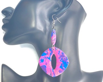Polymer Clay Mokume Gane Earrings - Dangle - Gift - Birthday - Anniversary - Unique - One of a Kind - Purple - Blue - Silver - Pink
