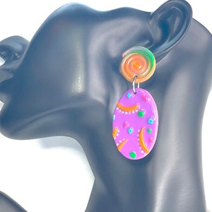 Polymer Clay Earrings - Dangle - Gift - Birthday - Anniversary - Unique - One of a Kind - Purple - Green - Orange - Blue - Silver