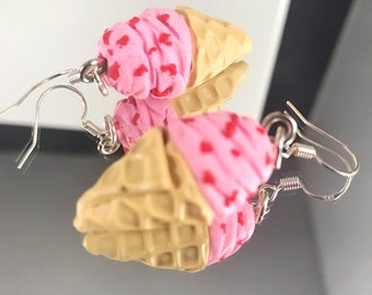Strawberry Ice Cream Cone Earrings - Dangle - Gift - Birthday - Anniversary - Polymer Clay - Ice Cream - Unique - Food Jewelry - Miniature
