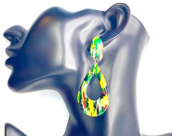 Polymer Clay Mokume Gane Earrings - Dangle - Gift - Birthday - Anniversary - Unique - One of a Kind - Yellow - Green - Black - White - Gold