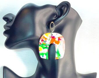 Polymer Clay Mokume Gane Earrings - Dangle - Gift - Birthday - Anniversary - Unique - One of a Kind - Red - Orange - Yellow - Green  - Blue