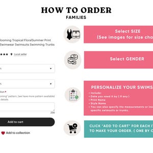 May include: How to order matching swimwear for families. Select size, gender, and personalize with a date, name, and style.  Click "Add to cart" for each item to make your order.