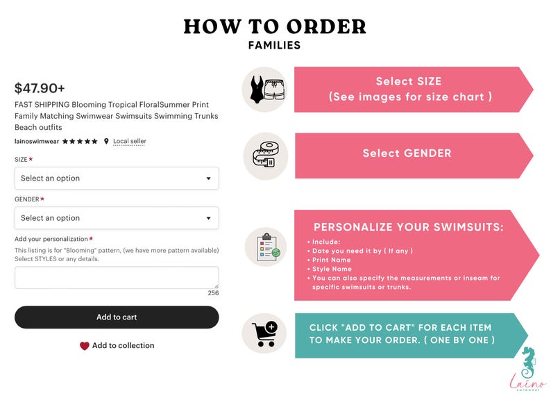 May include: How to order matching swimwear for families. Select size, gender, and personalize with a date, name, and style.  Click "Add to cart" for each item to make your order.