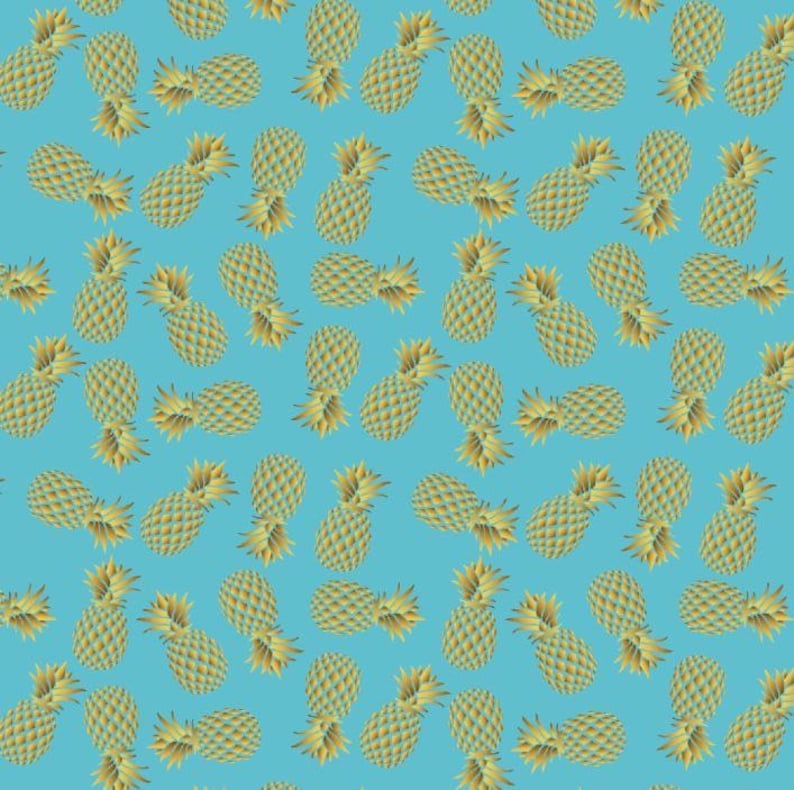 May include: A seamless pattern of gold pineapples on a light blue background. The pineapples are arranged in a repeating pattern, with each pineapple facing a different direction.