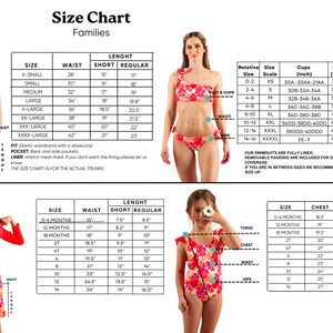 May include: Size chart for swimsuits for families. The chart includes measurements for waist, bust, hip, chest, and length in inches. The chart also includes size recommendations for women and children.