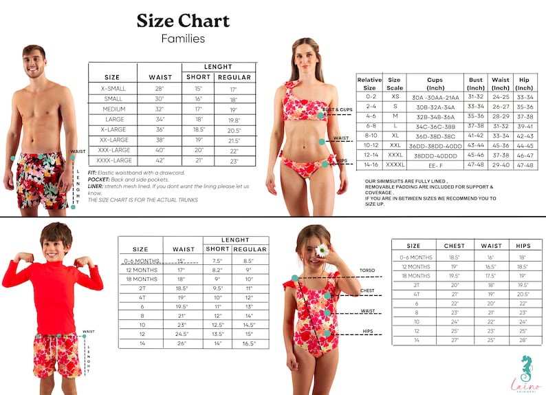 May include: Size chart for swimsuits for families. The chart includes measurements for waist, bust, hip, chest, and length in inches. The chart also includes size recommendations for women and children.