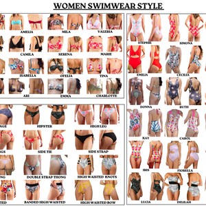 May include: A chart showing different styles of women's swimwear. The chart is divided into two sections: tops and bottoms. Each section has a grid of images showing different styles of swimwear. The chart includes names for each style, such as "Full Coverage", "High Leg", "Side Tie", and "High Waisted".