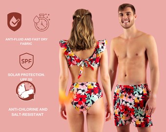 Couples Matching Sunset Shades Tropical Swimwear Swimsuits Swimming Trunks Set of Two. FASTER SHIPPING