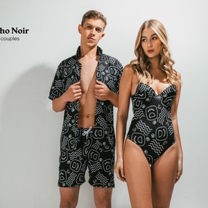 Boho Noir Stylish Matching Couples Swimsuits for Your Perfect Beach Getaway