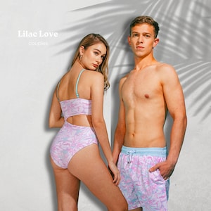 Lilac Love Tropical Custom-Made Couples Matching Swimwear | High-Quality Personalized Swimsuits Set