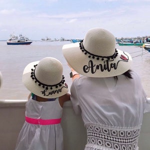 Mommy and me Custom Straw Floppy Hat Cap Summer Sun Beach Set of Two.