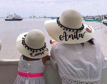 Mommy and me Custom Straw Floppy Hat Cap Summer Sun Beach Set of Two.