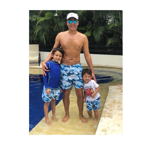 matching swimsuits and trunks