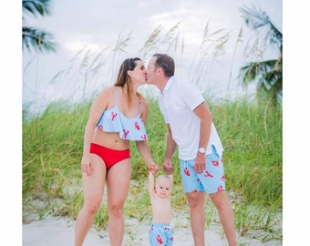 Lobster Print Matching Family Swimwear: Custom Beach Vacation Outfits