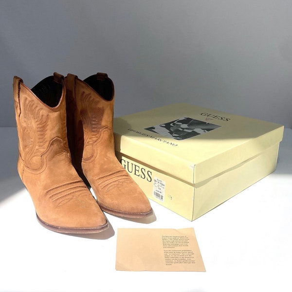 90s Guess by Georges Marciano Tan Western Cowboy Cowgirl Short Leather Boots sz 8.5B