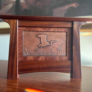 Arts & Crafts Mission Style Copper Art, Framed in Solid Sapele Wood With a Figured WoodVeneer Mat (Egret3-24)