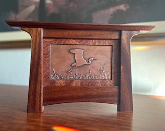 Handcrafted Copper Egret Art: Mission Style Sapele Wood Frame