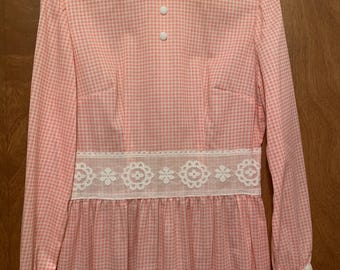 Vintage Pink Gingham Lace Dress, Farmhouse Dress, Costume