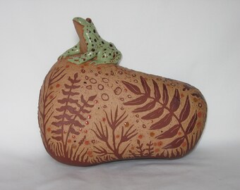 Wall Sculpture - Hand Made Ceramic Frog on Rock