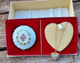 LaMode Vintage Compact & Locket Set: Enamel Guilloche, 1940s