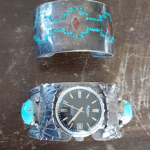 Silver Turquoise Wrist Watch, Silver Turquoise Cuff Bracelet, Antique Silver Jewelry Lot, Turquoise Jewelry Lot, Old Pawn Silver Watch