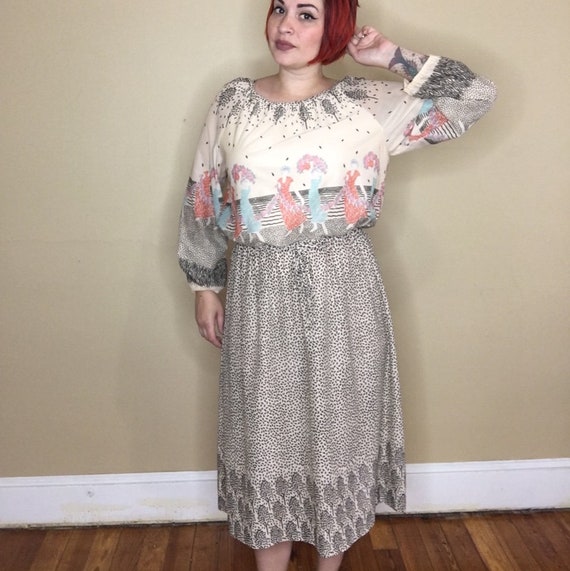 Vintage Novelty Print Border Dress