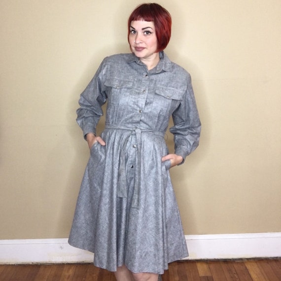 Vintage Grey Nub Chambray Shirtwaist Dress