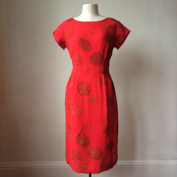 Vintage Red Gold Rose wiggle dress - image 4