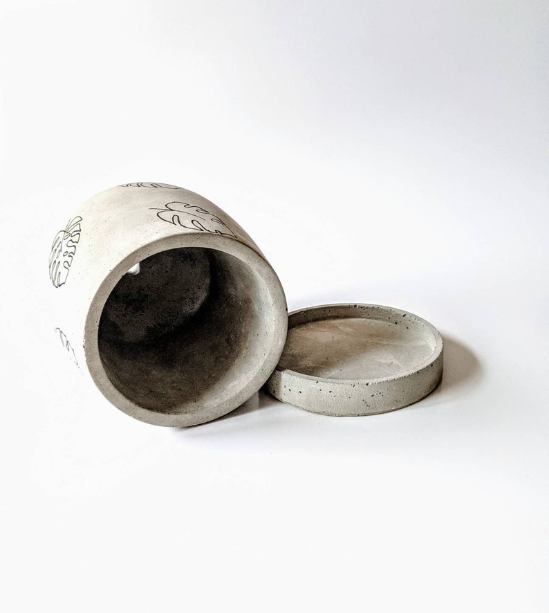 May include: A gray concrete planter with a removable base. The planter has a design of leaves on the side.
