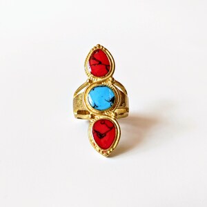Anatolia Ring Polymer Clay Red Poppy Jasper Coral turquoise Gemstone Silver Plated Statement Ring