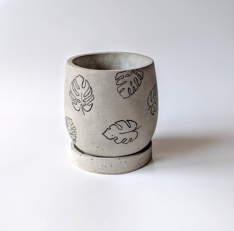 May include: A gray concrete planter with a black outline of tropical leaves. The planter has a matching saucer.