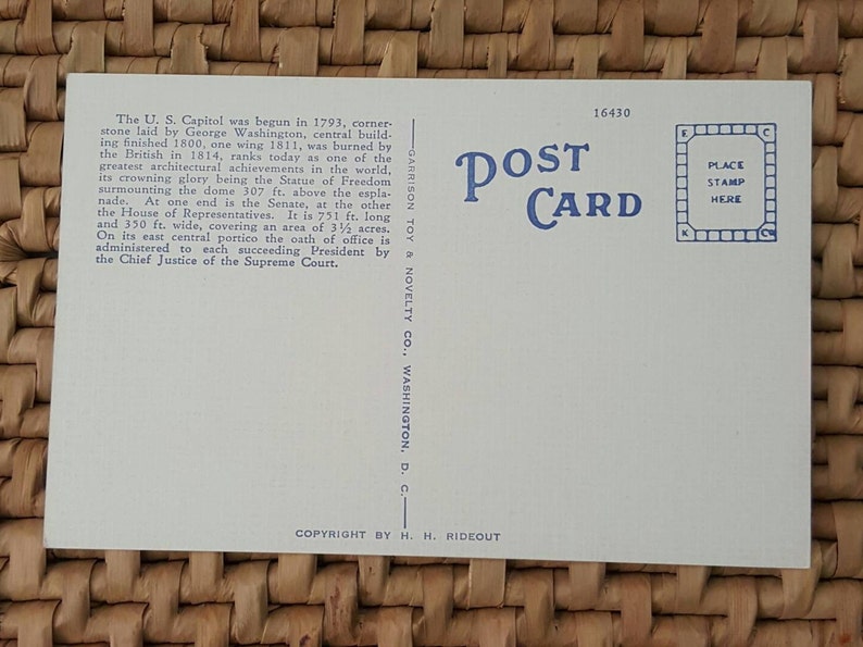 US Capitol Building Vintage Linen Postcard Washington DC United States Capitol Garrison Novelty Souvenir