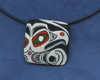 Northwest Indigenous Raven Art jewelry, hand painted on lightweight gourd piece, wearable as pendant or pin
