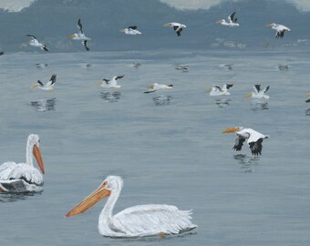 Framed Original Miniature Fine Art Painting Tundra Swans Stop for a Rest in Rice Field During Migration-