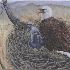 Um cartão de felicitações exclusivo da pintura de belas artes em miniatura de Diana Wyles de uma águia com suas águias em seu ninho