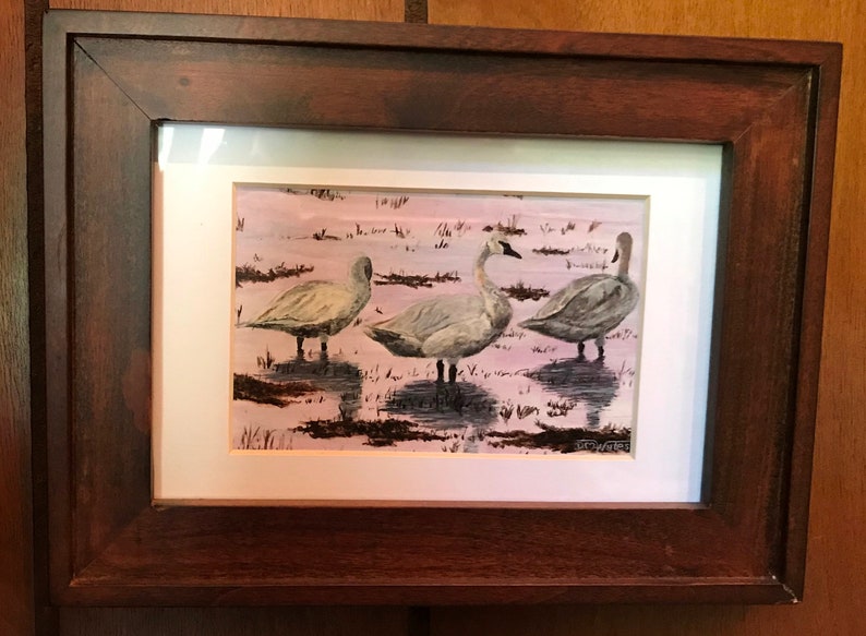 Framed Original Miniature Fine Art Painting Tundra Swans Stop for a Rest in Rice Field During Migration-