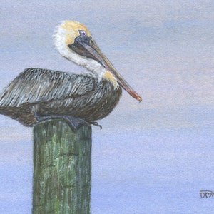 Brown Pelican Chills Out on Wooden Piling Off of Ocean Pier--Framed Original Miniature Fine Art Painting