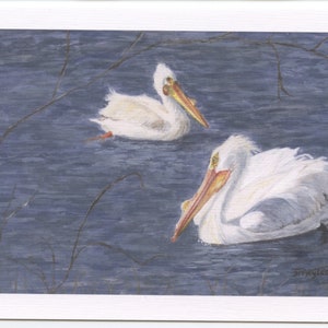 Um cartão de felicitações exclusivo da pintura de belas artes em miniatura de Diana Wyles de pelicanos brancos românticos em Clear Lake