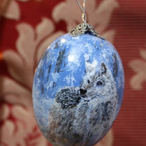 Wolf in snow hand painted on gourd ornament as Christmas Tree Ornament