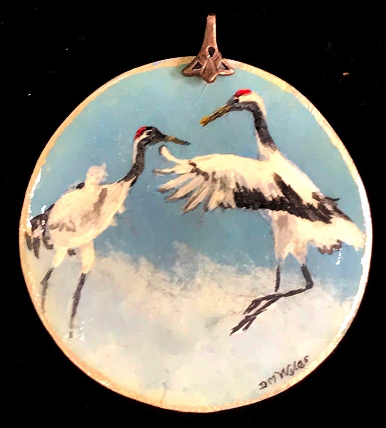 Dancing Cranes Meticulously Hand Painted on Gourd Piece Fashioned into a Wearable Fine Art Jewelry Piece