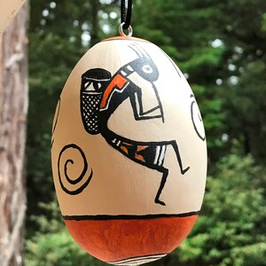 Southwest Ancient Indian Pottery with Kokopelli Motif Hand Painted onto Gourd as Decorative Ornament