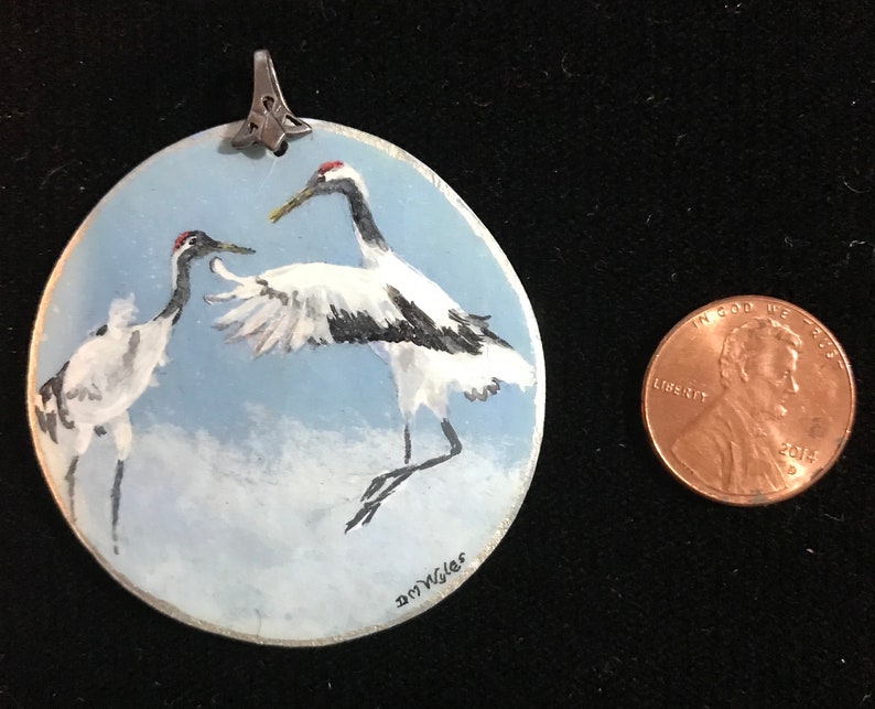 Dancing Cranes Meticulously Hand Painted on Gourd Piece Fashioned into a Wearable Fine Art Jewelry Piece