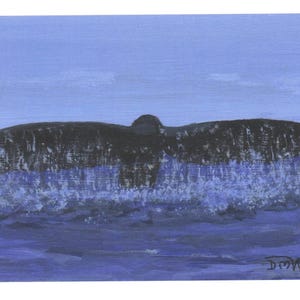 Um cartão de felicitações exclusivo da pintura de belas artes em miniatura de Diana Wyles de uma cauda de baleia azul enquanto ela faz seu respingo antes de desaparecer